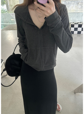 AFM定制早秋外套超软糯连帽外套初秋外套休闲上衣修身纯欲深灰色