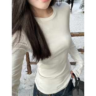 女冬百搭白色修身 打底衫 T恤afm定制内搭 小圆领磨毛长袖 内搭刚需
