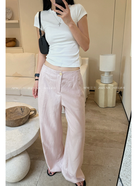 人鱼重磅莱赛尔亚麻宽松阔腿长裤短裤休闲裤女夏粉色裤子白色裤子