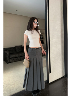 永远的鬼马少女 百褶裙 加长版长裙简约高腰通勤灰色纯色 AFM定制