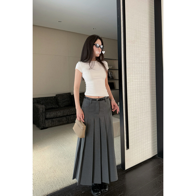 长裙简约高腰通勤灰色纯色