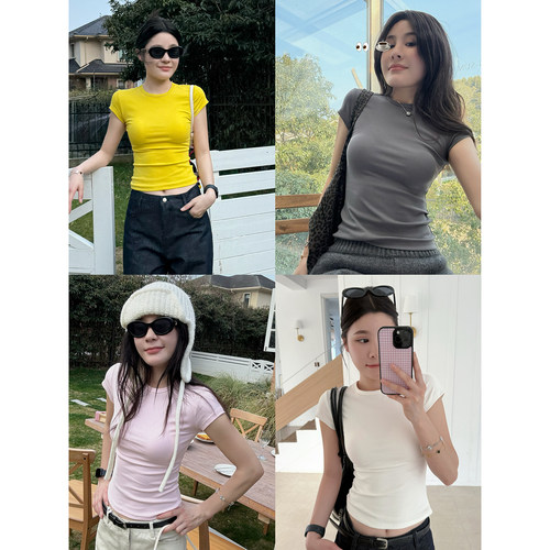 百搭简约圆领修身针织短袖T恤