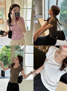 好穿组极简日常U领短袖T恤女多巴胺穿搭夏季新款上衣