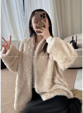 环保皮草中长款 带内衬 柔米白 浅卡其双色毛绒外套毛毛冬AFM定制