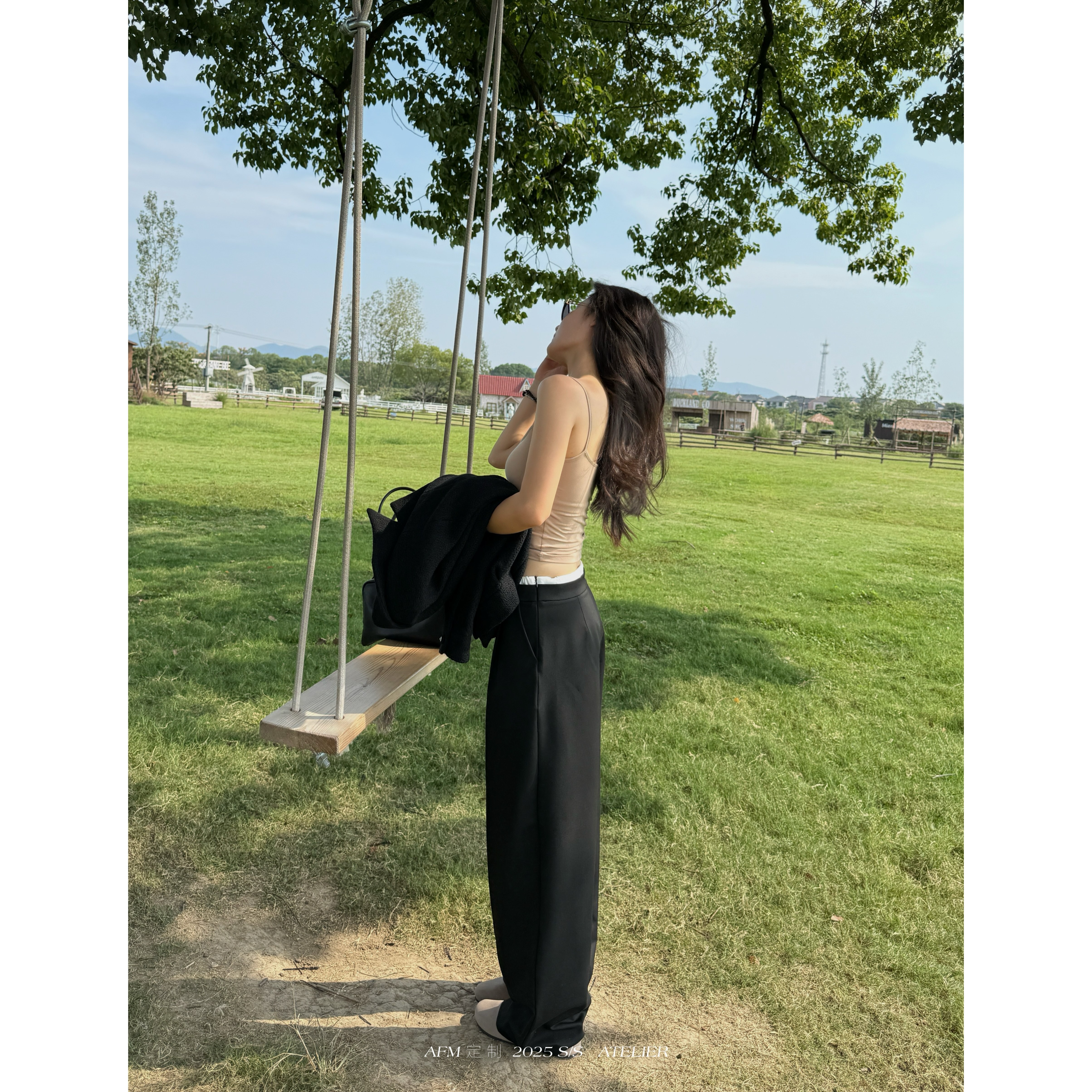 拼接撞色双腰头抽绳阔腿休闲西裤