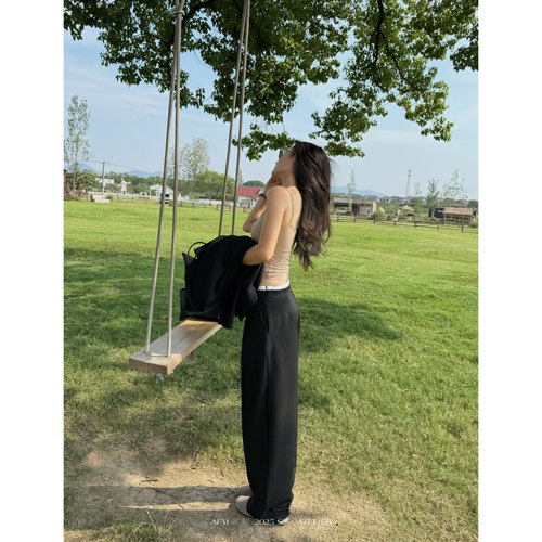 拼接撞色双腰头抽绳阔腿休闲西裤