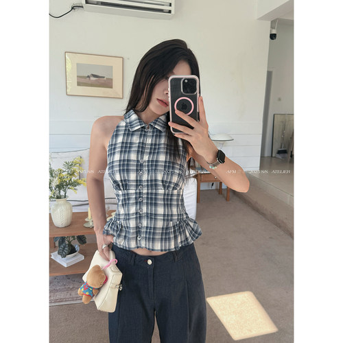 美式格纹背心格子刺绣小白花吊带