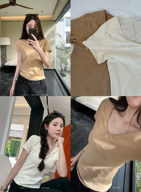 修身不紧身 3色竹节纹理V领卷边t短袖女t恤夏上衣女夏t恤女2025