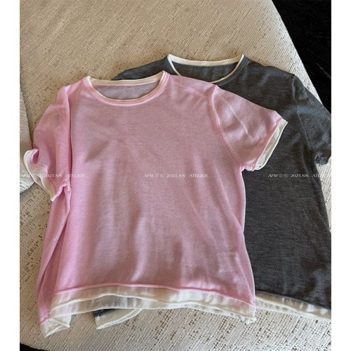 莱赛尔羊毛假两件撞色短袖T恤