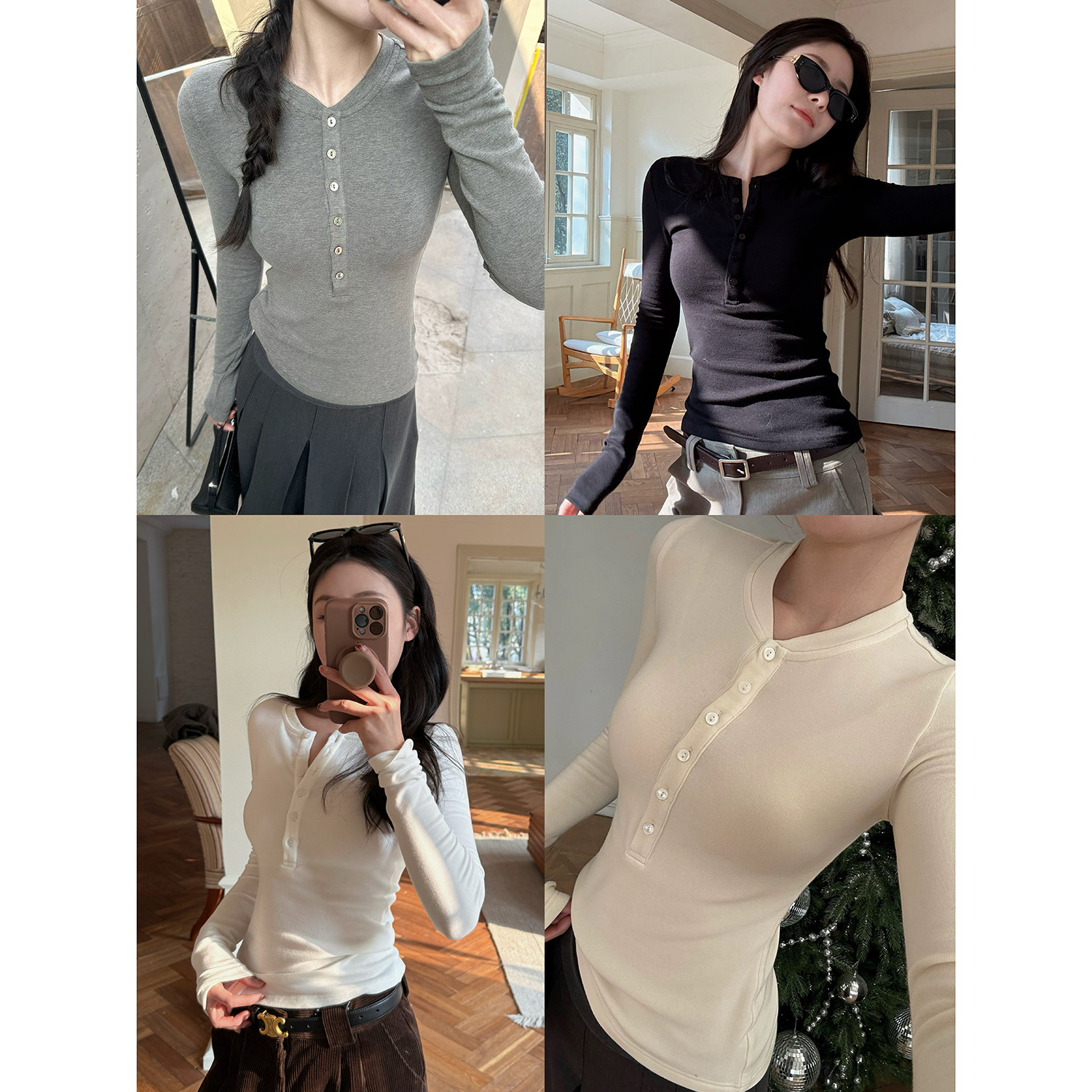 强推亨利领抓毛紧身打底长袖