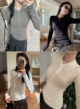 强推 多色亨利领抓毛紧身打底初秋打底时尚百搭长袖T恤早秋内搭