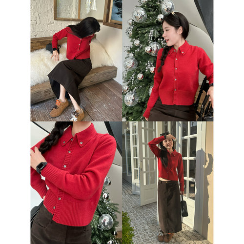 秋冬高级感软糯针织翻领三色polo开衫女毛衣外套 AFM定制慵懒风