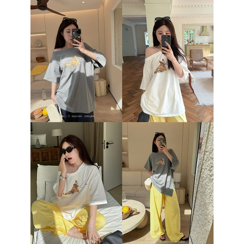 斜肩休闲套头短袖t恤女宽松