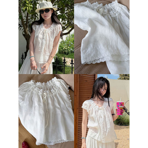 花边拼接苎麻小衫波浪刺绣工艺
