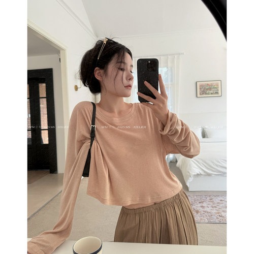 虾粉色/白色长袖打底衫组合