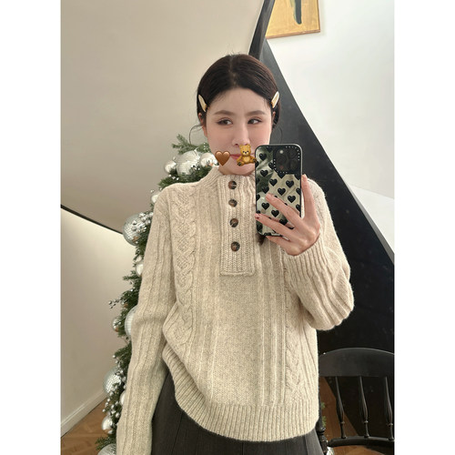 立领麻花毛衣时尚休闲设计感上衣