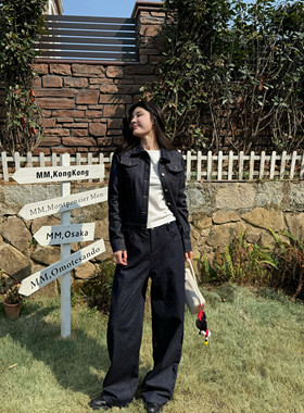 美式复古休闲宽松原色牛仔外套牛仔裤套装丹宁牛仔短款百搭套装女