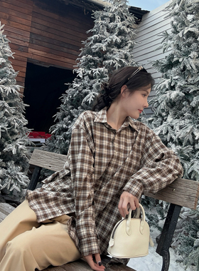 人鱼 经典复古翻领收腰可拆卸绑带绿格衬衫上衣设计感格子AFM定制