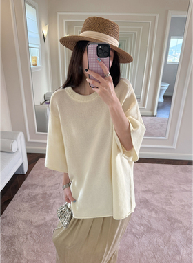 温婉ji简row风 显肩型好 羊毛套头中袖薄款针织老钱风宽松上衣
