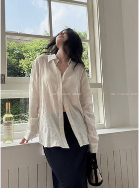 宽松廓形 100亚麻白衬衫女夏防晒衬衫外套棉麻上衣亚麻薄款透气