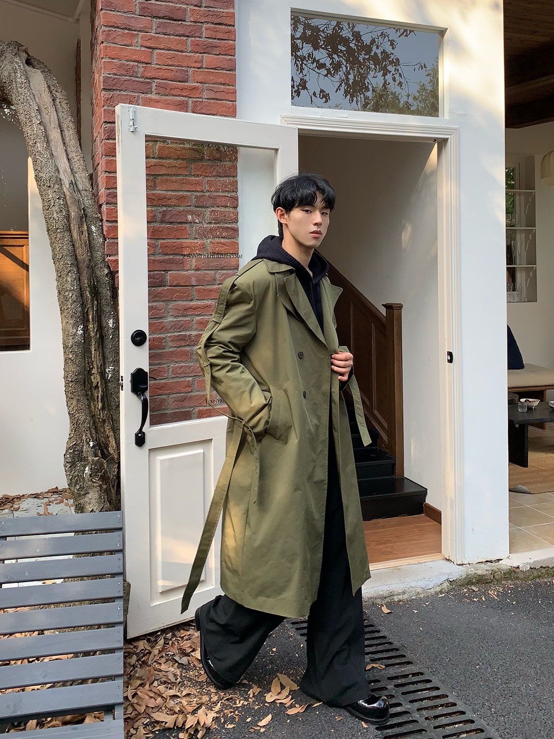 CUIBUJU KOREAN VERSION OF THE TRENDY SILHOUETTE SHOULDER TIE DESIGN VERSATILE MIDI COAT HIGH STREET LOOSE WINDBREAKER