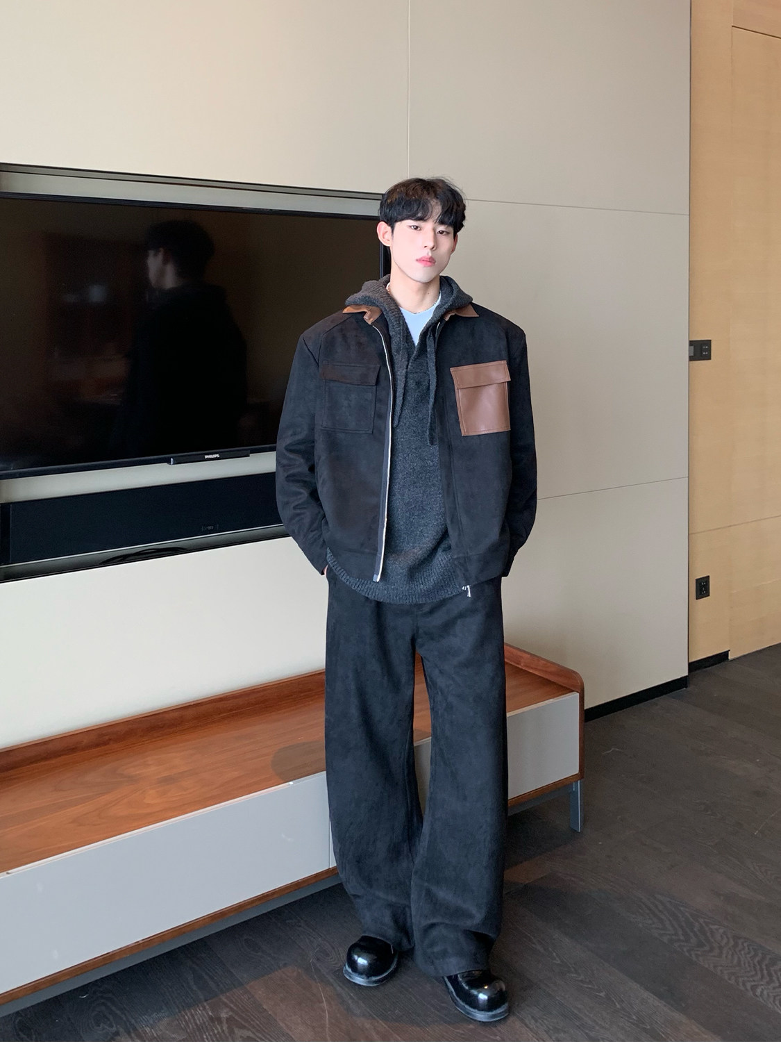 CUIBUJU 한국식 심플 멀티 포켓 PU 스플 라이스 라펠 어깨 패드 재킷 모직 바닥 길이의 다용도 바지 정장