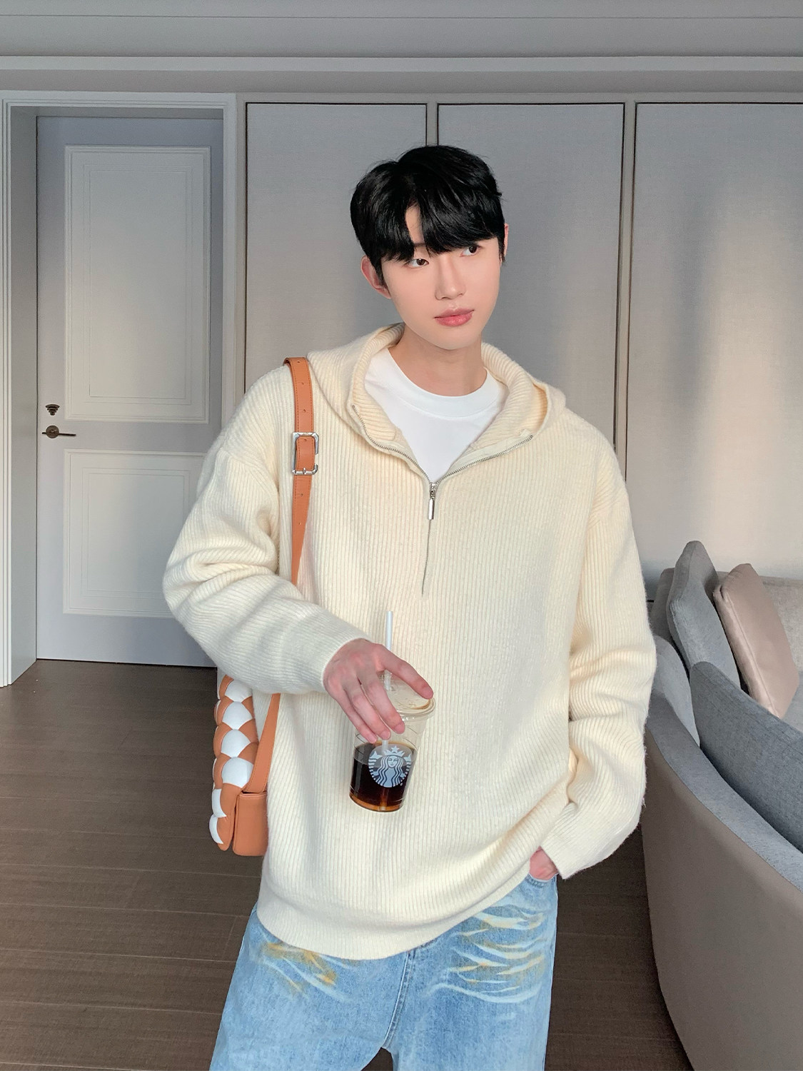 CUIBUJU KOREAN VERSION HOODED ZIPPER DESIGN KNITTED CARDIGAN MENS LOOSE CASUAL VERSATILE SOLID COLOR SWEATER JACKET TIDE