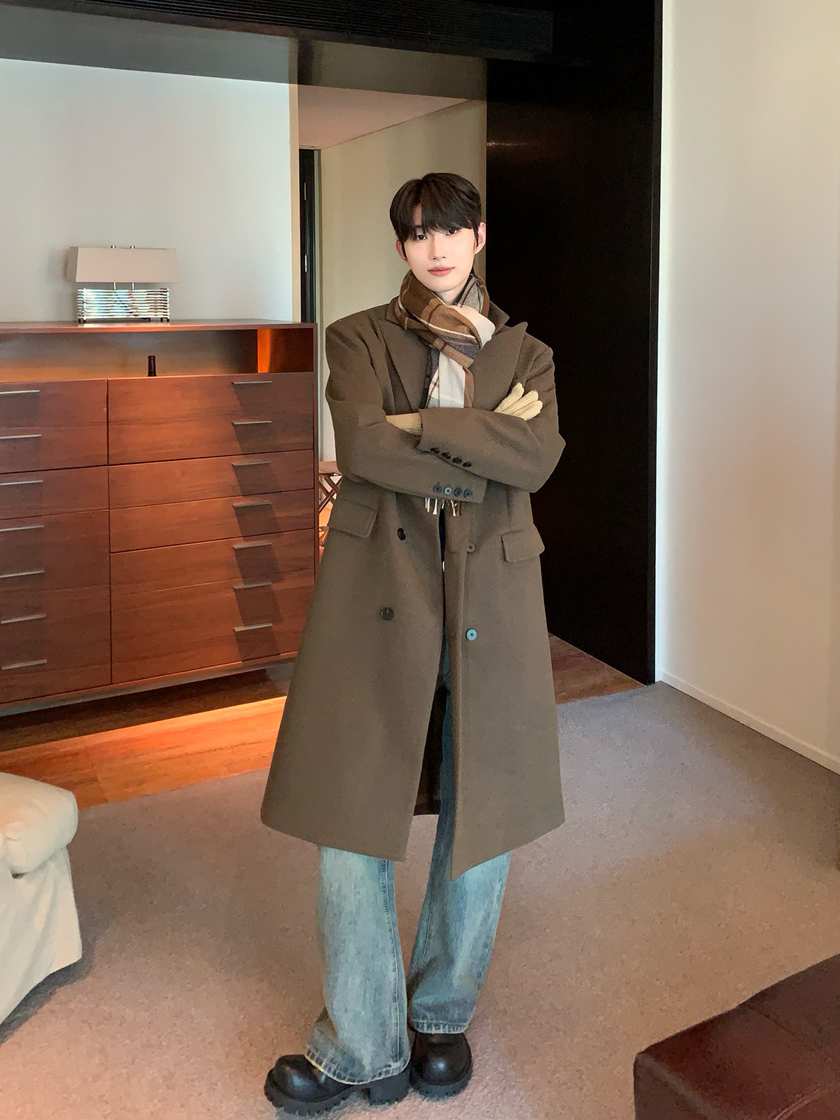 CUIBUJU KOREAN VERSION OF THE SENSE OF LUXURY OLD MONEY STYLE LAPEL WOOL SHOULDER PAD LONG WINDBREAKER JACKET CASUAL COAT MEN