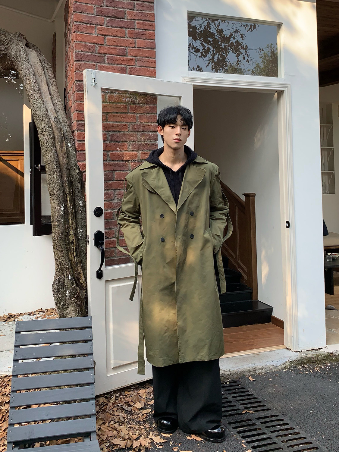 CUIBUJU KOREAN VERSION OF THE TRENDY SILHOUETTE SHOULDER TIE DESIGN VERSATILE MIDI COAT HIGH STREET LOOSE WINDBREAKER