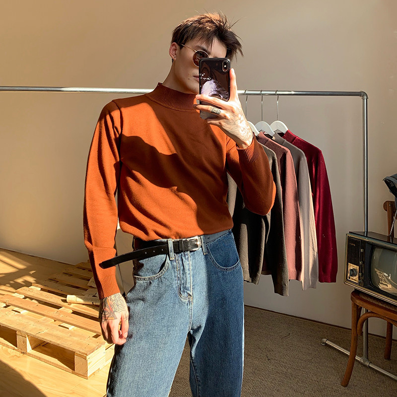 CUIBUJU AUTUMN AND WINTER KOREAN SLIM LONG SLEEVE SEMI-TURTLENECK SWEATER MENS BASE PULLOVER VERSATILE KNITWEAR MEN