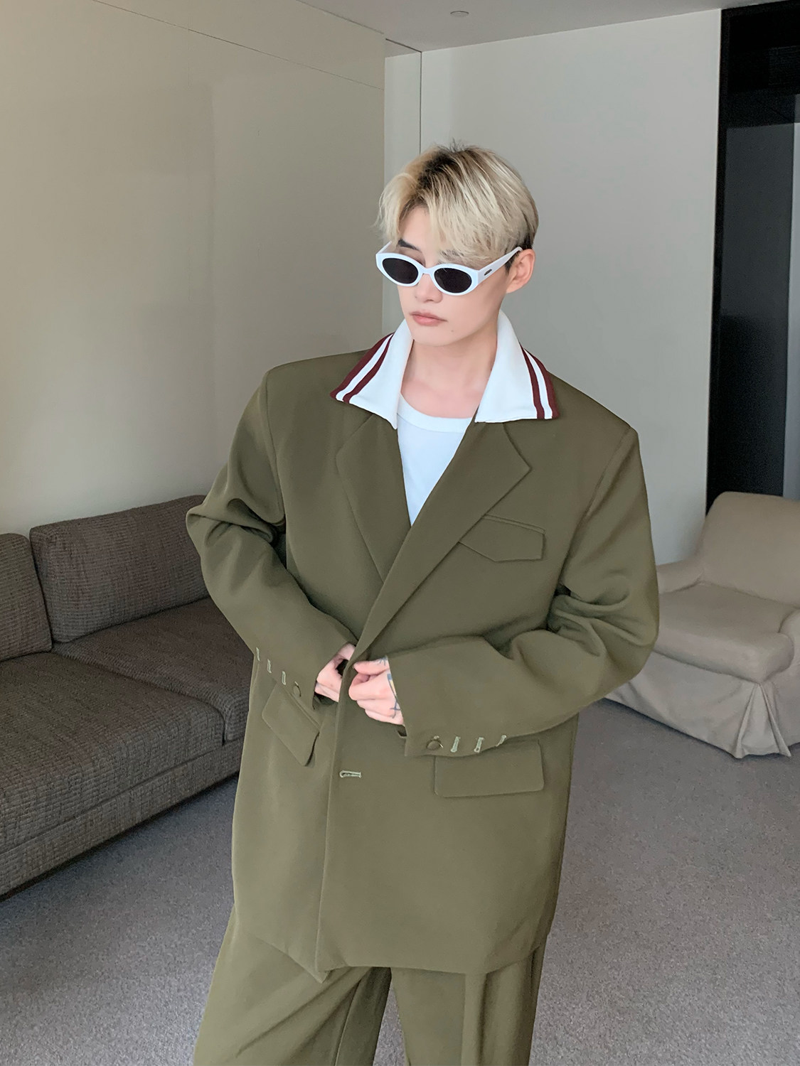 CUIBUJU NICHE KNITTED STITCHED SHOULDER PAD BLAZER MENS VINTAGE PREMIUM SUIT LOOSE SUIT TWO-PIECE SUIT