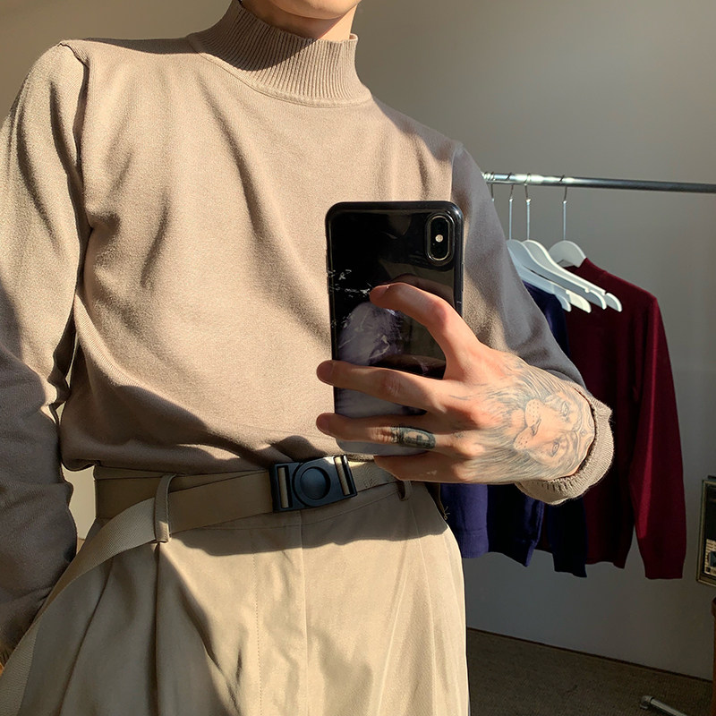 CUIBUJU AUTUMN AND WINTER KOREAN SLIM LONG SLEEVE SEMI-TURTLENECK SWEATER MENS BASE PULLOVER VERSATILE KNITWEAR MEN