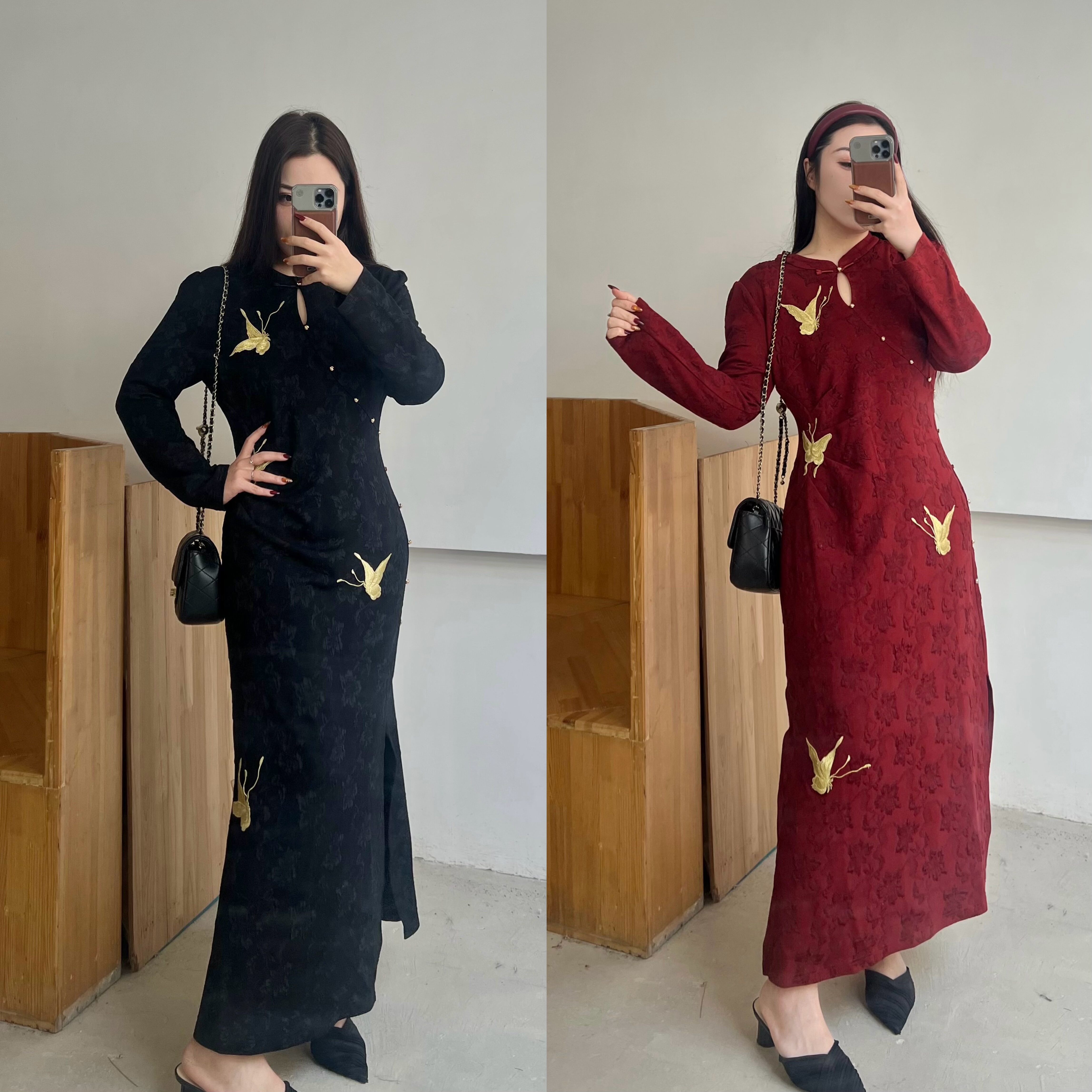 肉卷家微胖大码女烧花立体浮雕刺绣新年旗袍胖mm新中式修身连衣裙