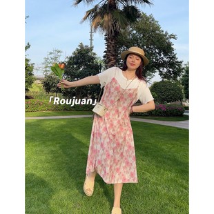 肉卷家微胖大码 遮肉减龄气质假两件连衣裙子 女装 碎花胖mm宽松夏季