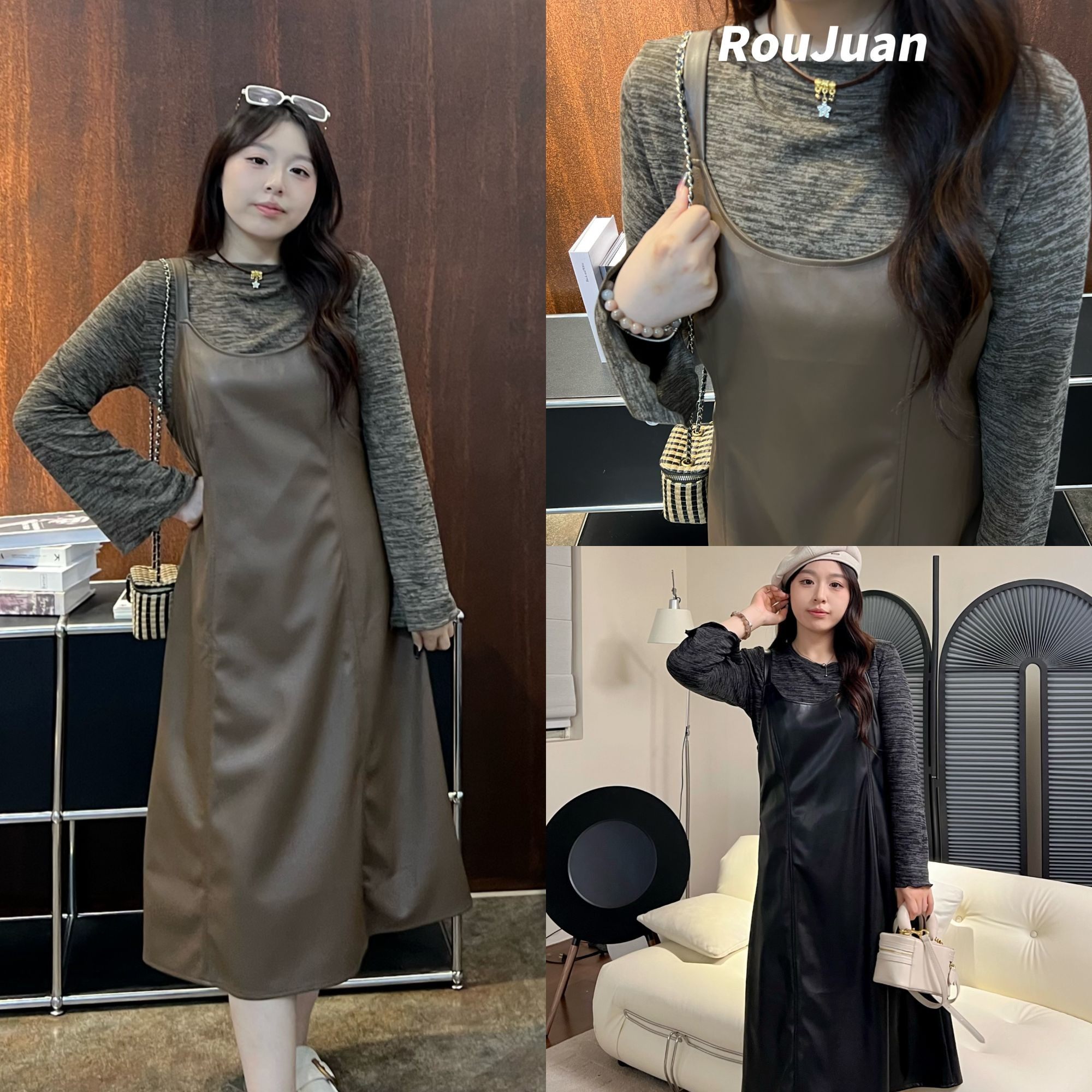 肉卷家微胖大码复古咖色小众宽松扎染内搭上衣直筒PU背心连衣裙