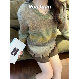 女装 肉卷家微胖大码 渐变不规则婆边慵懒艺术胖mm氛围感针织毛上衣