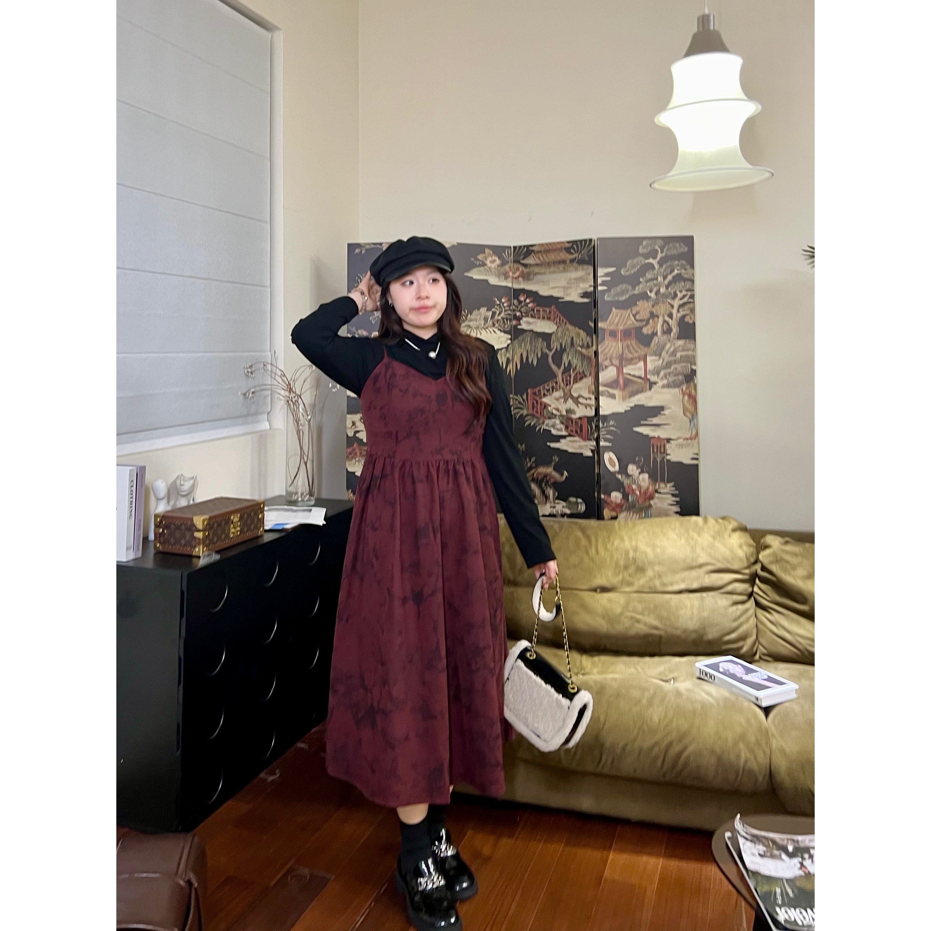 肉卷家微胖大码女装大理石纹洋气胖mm遮肚冬打底吊带裙套装两件套