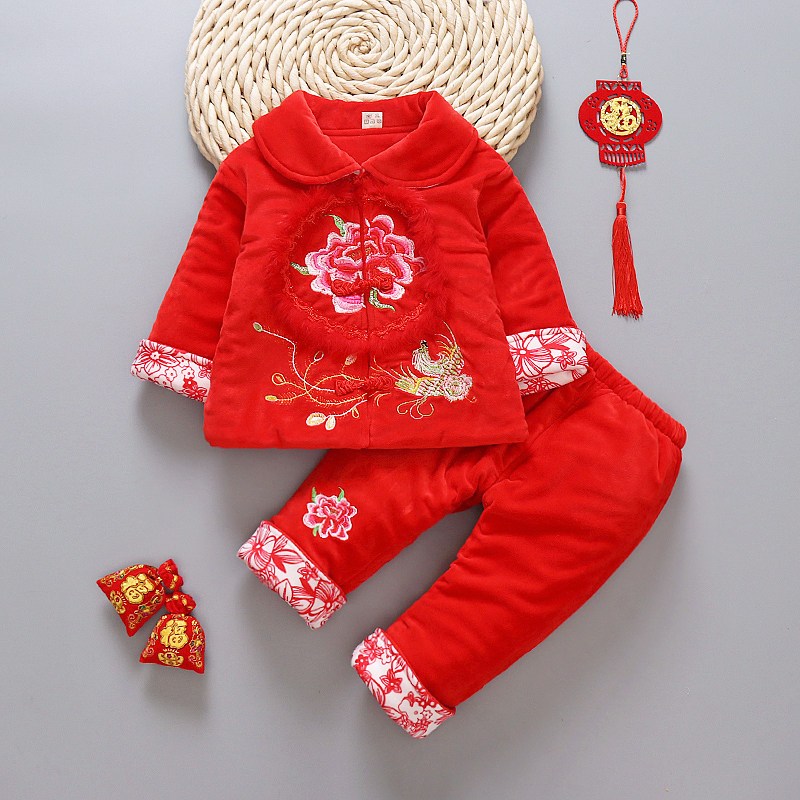 儿童套装女宝宝唐装冬婴儿百天周岁过年礼服女童加棉喜庆新年装潮