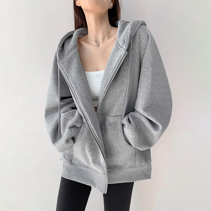 大牌即墨100%纯棉卫衣女秋冬连帽开衫拉链棒球服宽松加绒加厚外套