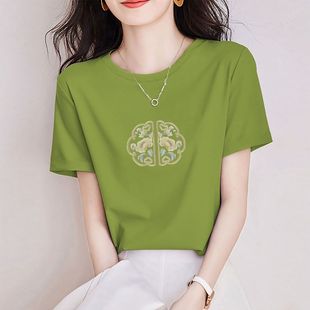 品牌折扣女装 t恤女纯棉小众宽松百搭上衣潮 捡漏简约正肩夏季 短袖