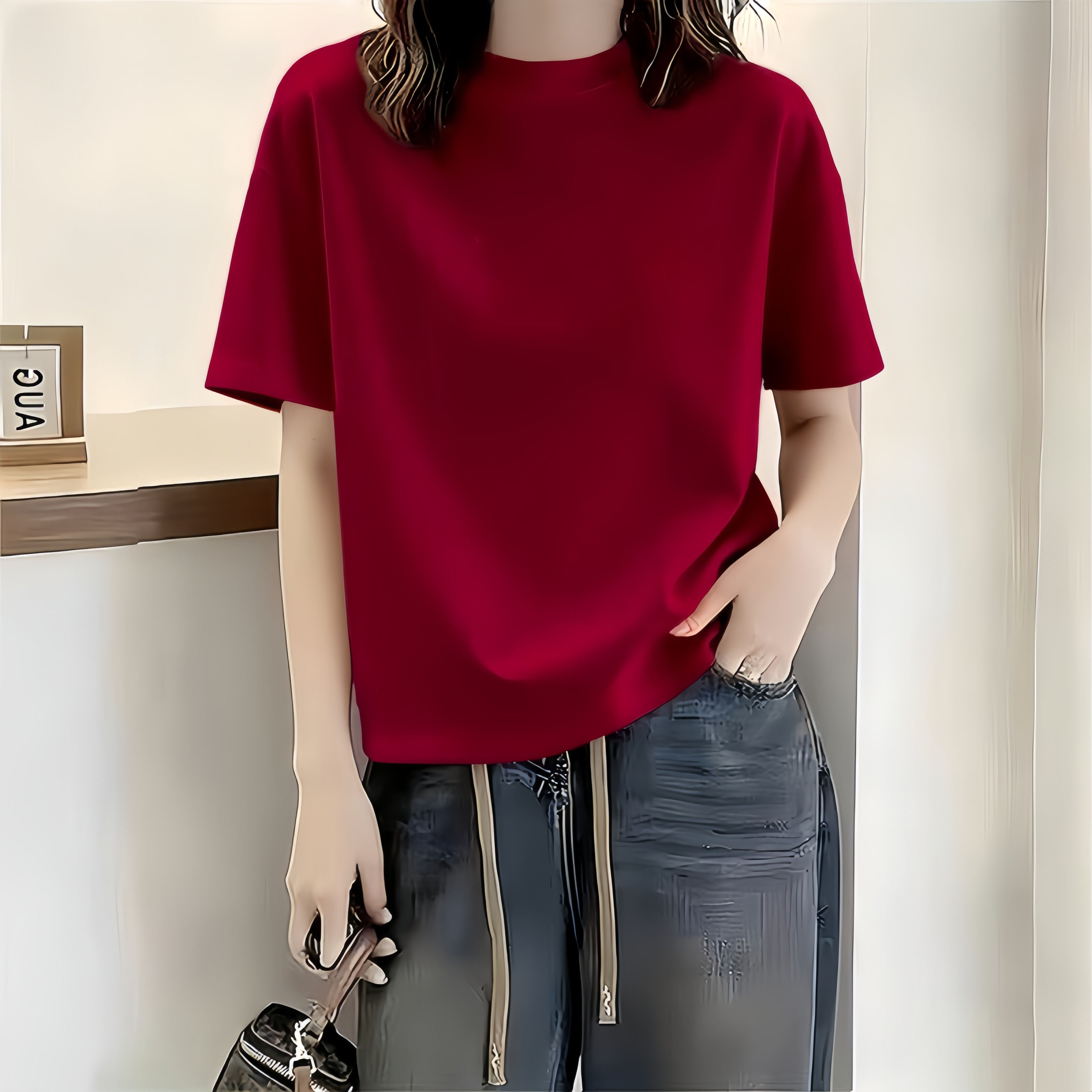 无锡短袖t恤女2026夏季新款高级感正肩酒红宽松显瘦纯色纯棉上衣图片