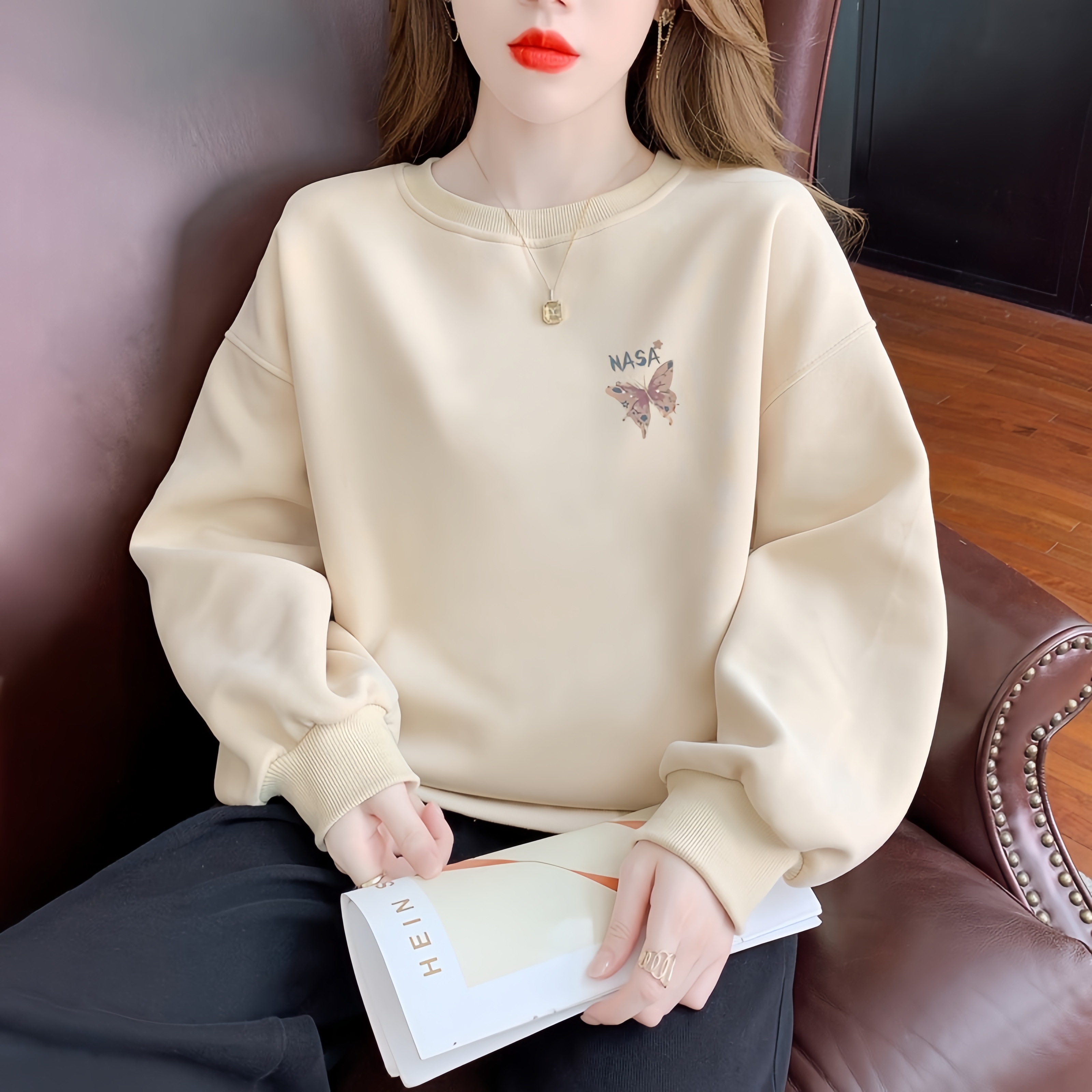 山东即墨圆领纯棉卫衣女2025秋冬装加绒加厚韩系慵懒风薄款外套潮