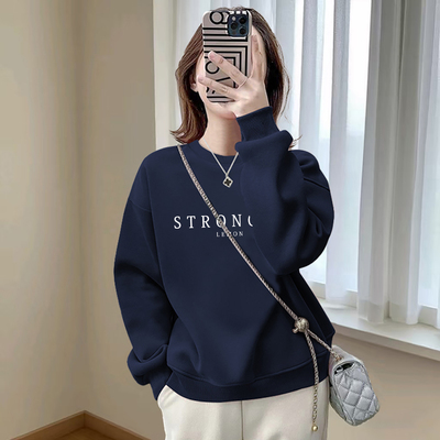 一线大牌即墨纯棉卫衣女秋冬时尚设计感上衣加绒加厚休闲藏青外套