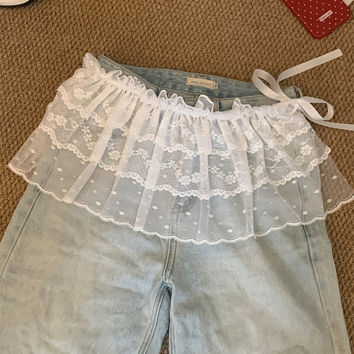 白色蕾丝花边屁帘女配牛仔裤叠穿半身裙春秋冬时髦系带短裙蛋糕裙