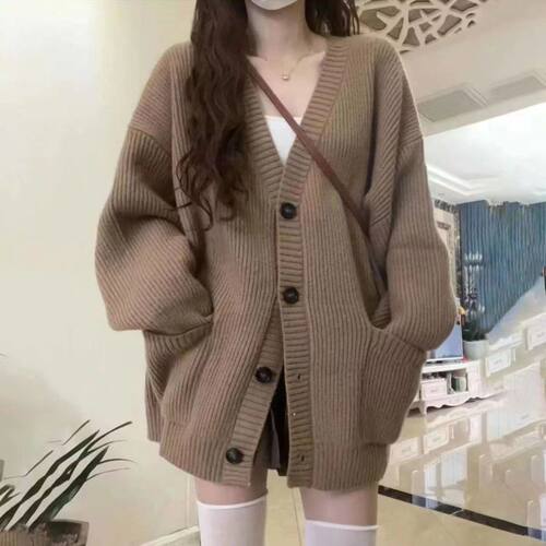 慵懒风V领单排扣毛衣开衫