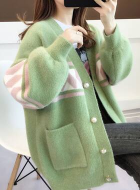 绿色开衫雪尼尔水貂绒外套大码毛衣女针织开衫韩版宽松慵懒风上衣