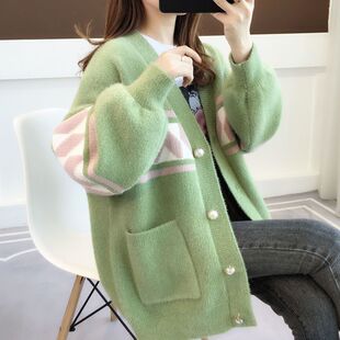 绿色开衫雪尼尔水貂绒外套大码毛衣女针织开衫韩版宽松慵懒风上衣