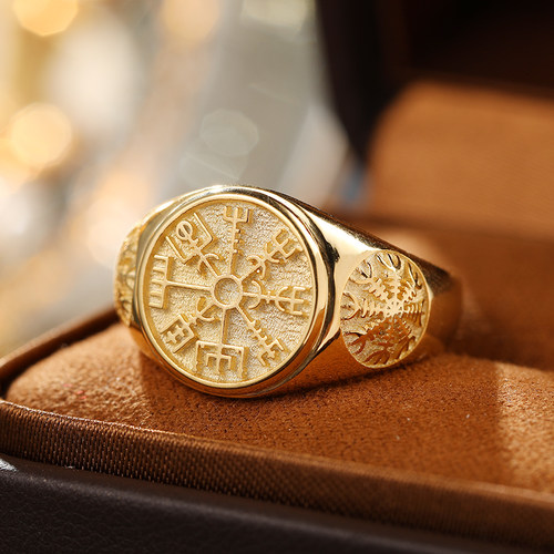 维京罗盘指南针纯金戒指北欧风范