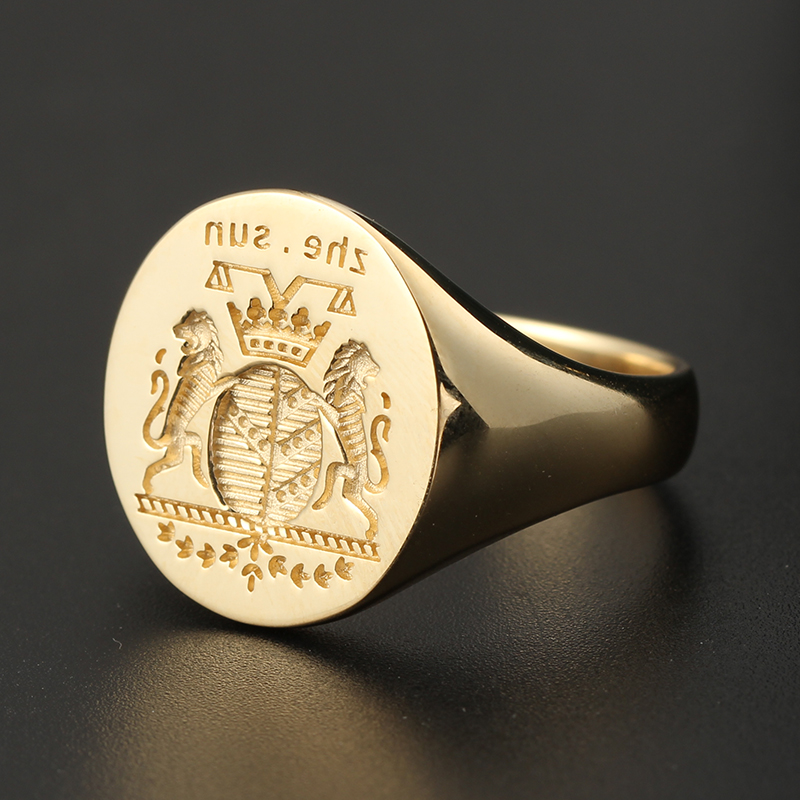 欧洲贵族家族纹徽章双狮皇冠复古董图章戒指 18k黄金印章男戒定制