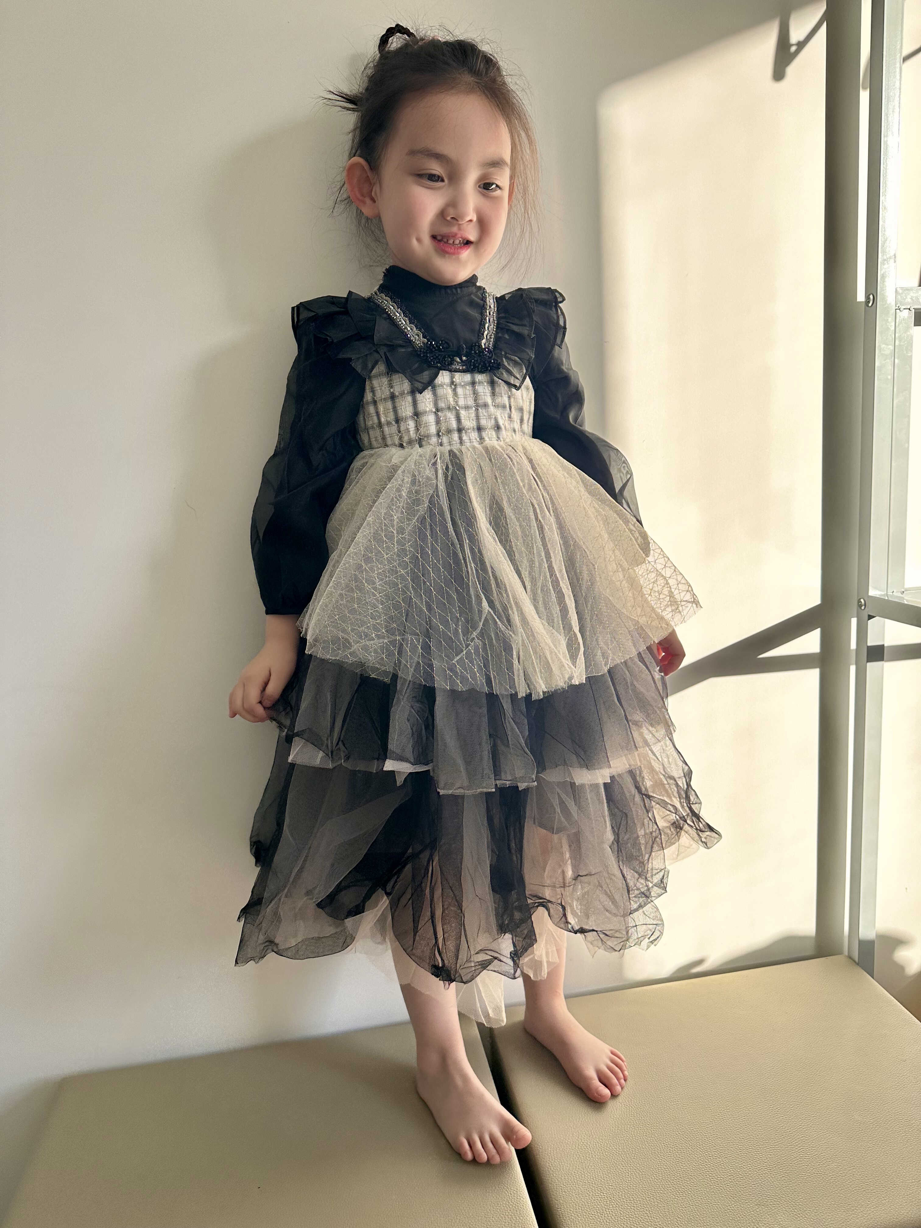 D品剪吊牌鸽家女宝黑白格子礼服裙，网纱连衣裙，公主裙，2003